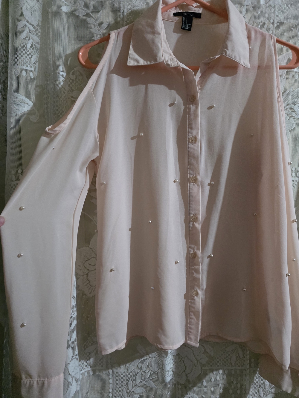 Forever 21 Pale Pink Pearl-Embellished Cold-Shoulder Button Down